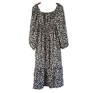 Floral Midi Dress Smocked Long Sleeve Cottagecore Dress Black White Size